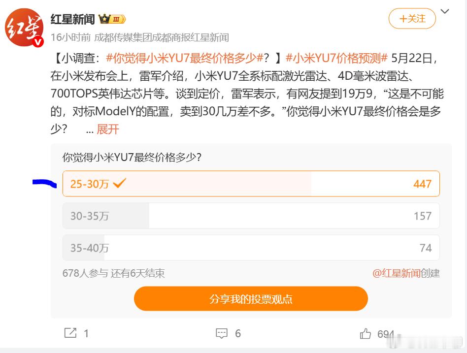 小米YU7 7月份发布售价并交付。我觉得最可能的售价是23.99万到31.99万