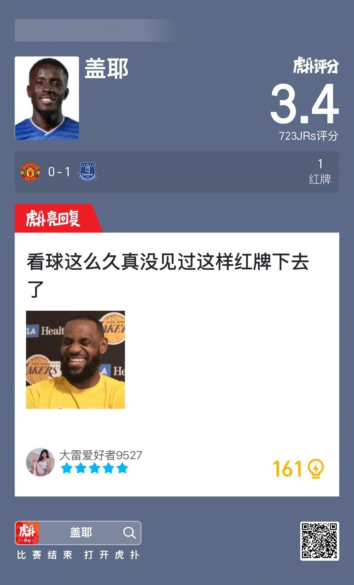 盖耶吃到一张红牌，赛后收获3.4的虎扑评分！ 