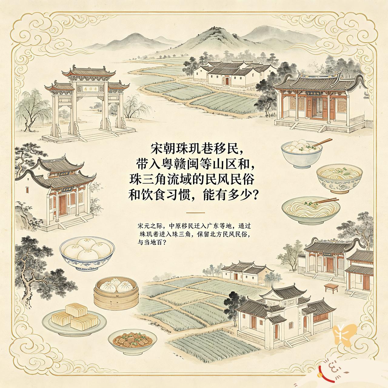 宋朝珠玑巷客家移民，从北方带入粤赣闽等山区及珠三角等地的民风习俗和饮食传统，还能