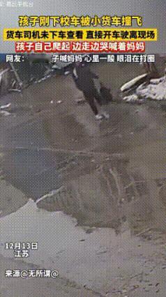 江苏，一学生刚下校车过马路时，被疾驶而过的小货车撞飞，司机并未下车查看，反而开车