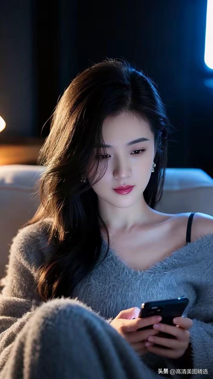夜晚的灯光下，沉思的少女与手机的亲密时光。