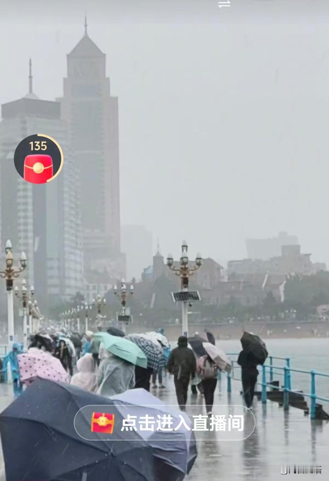 来青岛旅游的人没想到，大海不用看，天天赏雨了，瞧瞧海边游客，顶风冒雨的玩！
估计