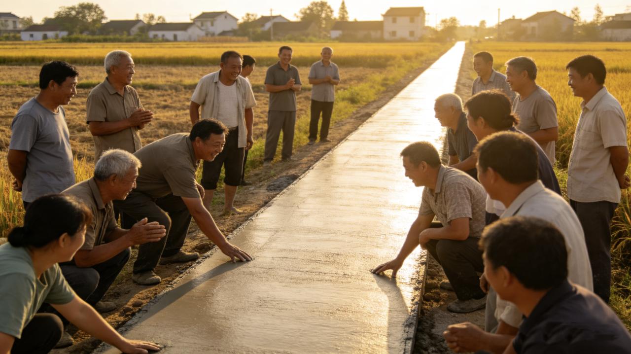 村里修水泥路，大家都很高兴。
七十岁的刘大爷蹲在路边看了半天，叹了口气。
施工队