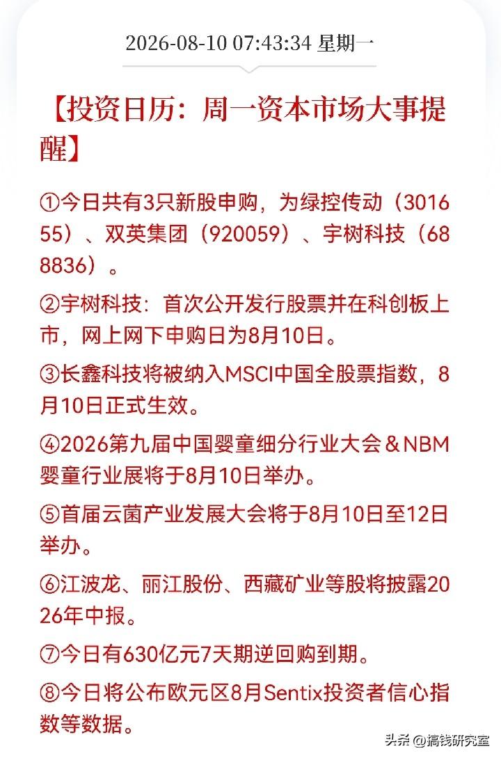 8月10日，A股迎来三只新股齐发——科创板宇树科技、创业板绿控传动、北交所双英集