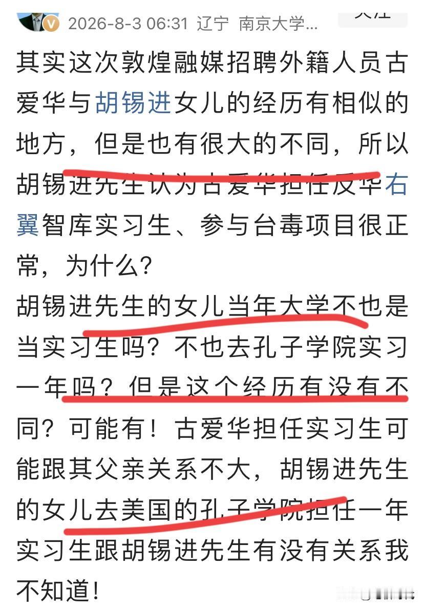 一跳！汤家凤还没放过胡锡进！质问古爱华在反华右翼智库实习、参与台毒项目正常？拿二