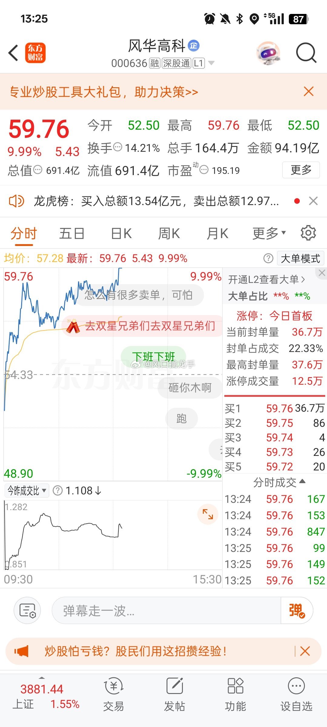 实力见证！昨天操作的$风华高科 sz000636$下午板了，恭喜老铁们吃肉！ 