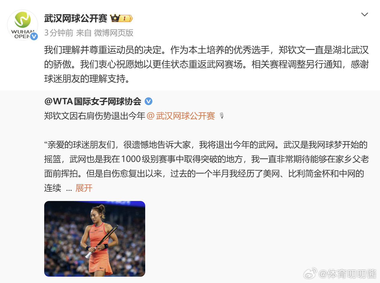 武网回应郑钦文退赛 郑钦文因伤退出本届武汉网球公开赛，做出回应：我们理解并尊重运