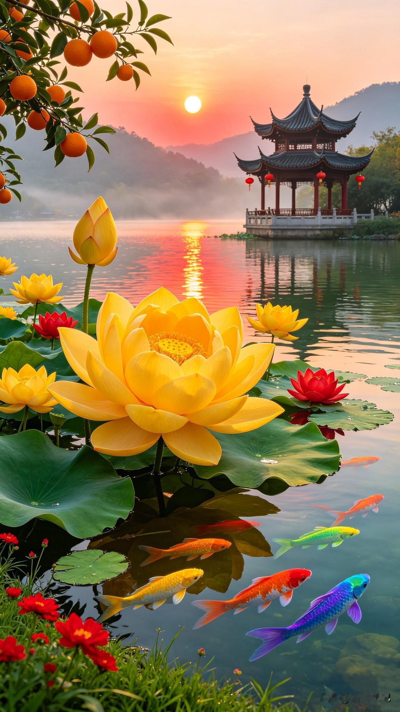 清晨，这组荷花，色彩绚丽、充满东方意境，融合了夕阳、古亭、金莲、锦鲤和硕果等元素