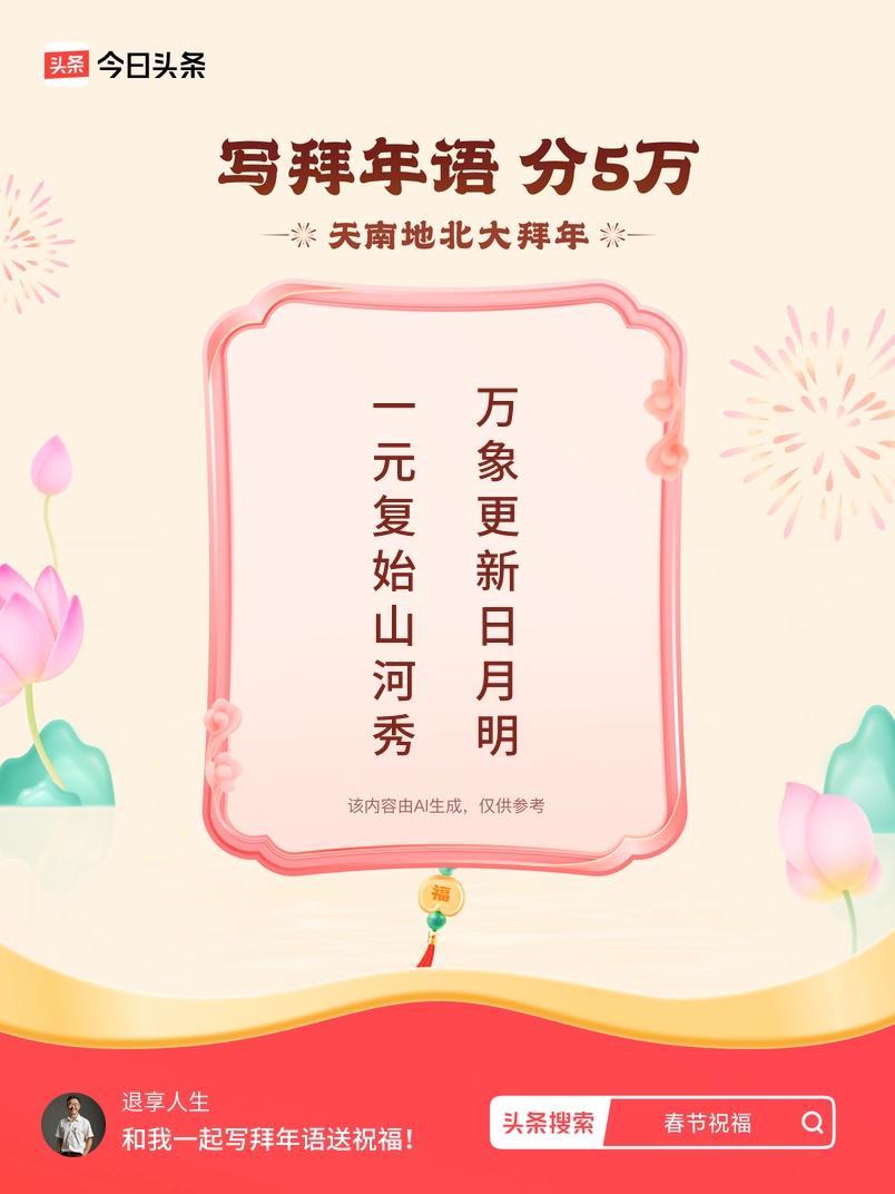 写拜年语送祝福新春拜年送祝福！我的祝福是：“一元复始山河秀，万象更新日月明”！快