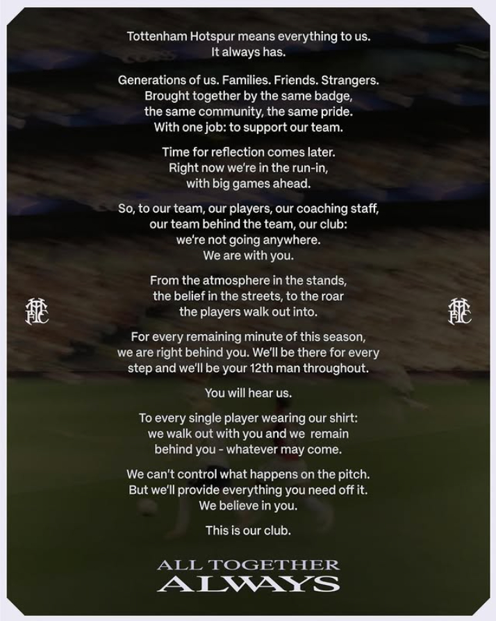 THFCFlag组织在自己官方账号上发布了一则宣言公告。热刺全员纷纷转发、给出自