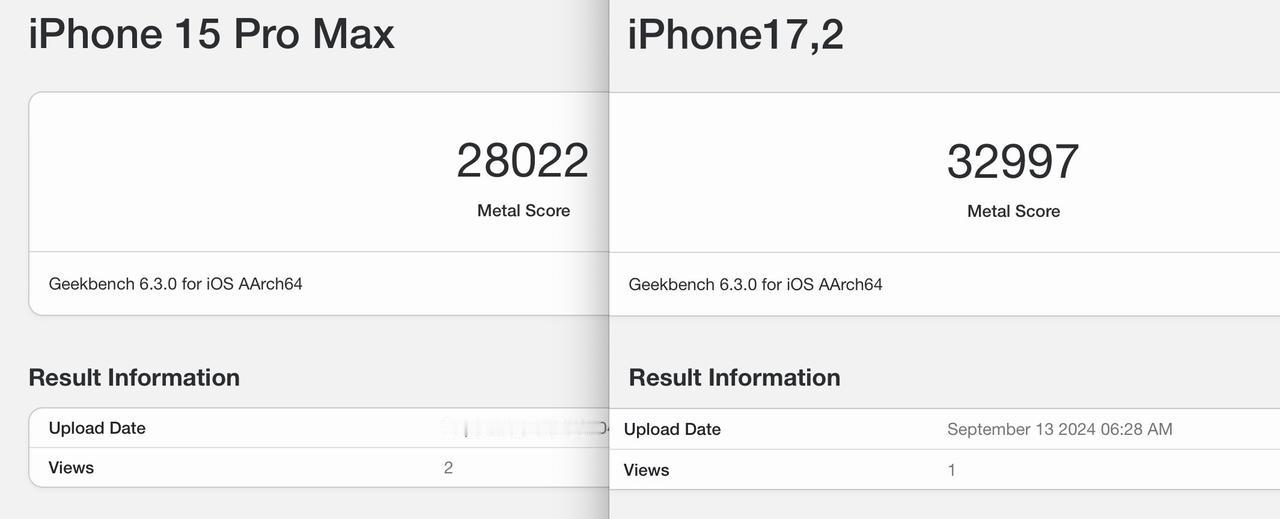 这是A18Pro的GPU跑分对比（Geekbench6 Metal），左A17P