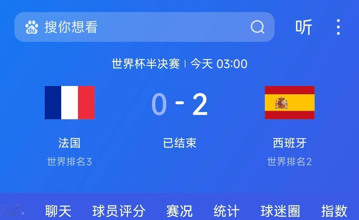 世界杯半决赛算爆了个小冷门，纸面实力强大无比的法国队被西班牙淘汰了。我不是说西班