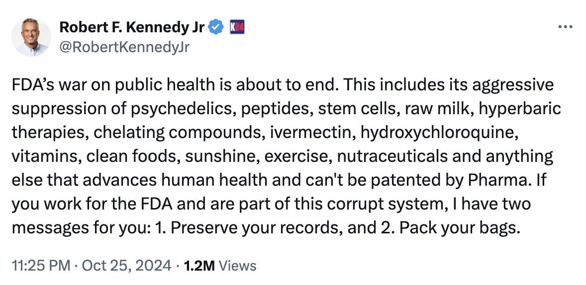 罗伯特·肯尼迪小肯尼迪表示，FDA对公共健康的“战争”即将结束。此举包括对迷幻药