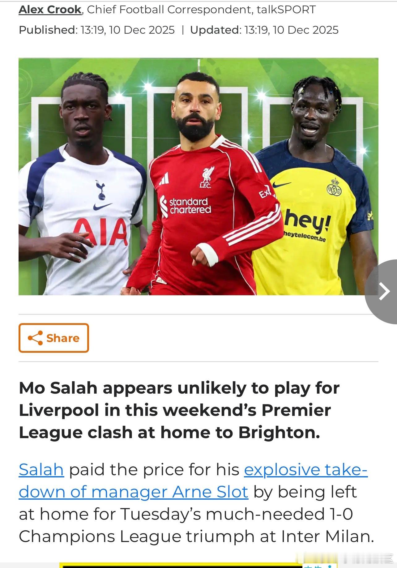 Alex Crook说萨拉赫可能也不会在周末对阵布莱顿的比赛中登场 