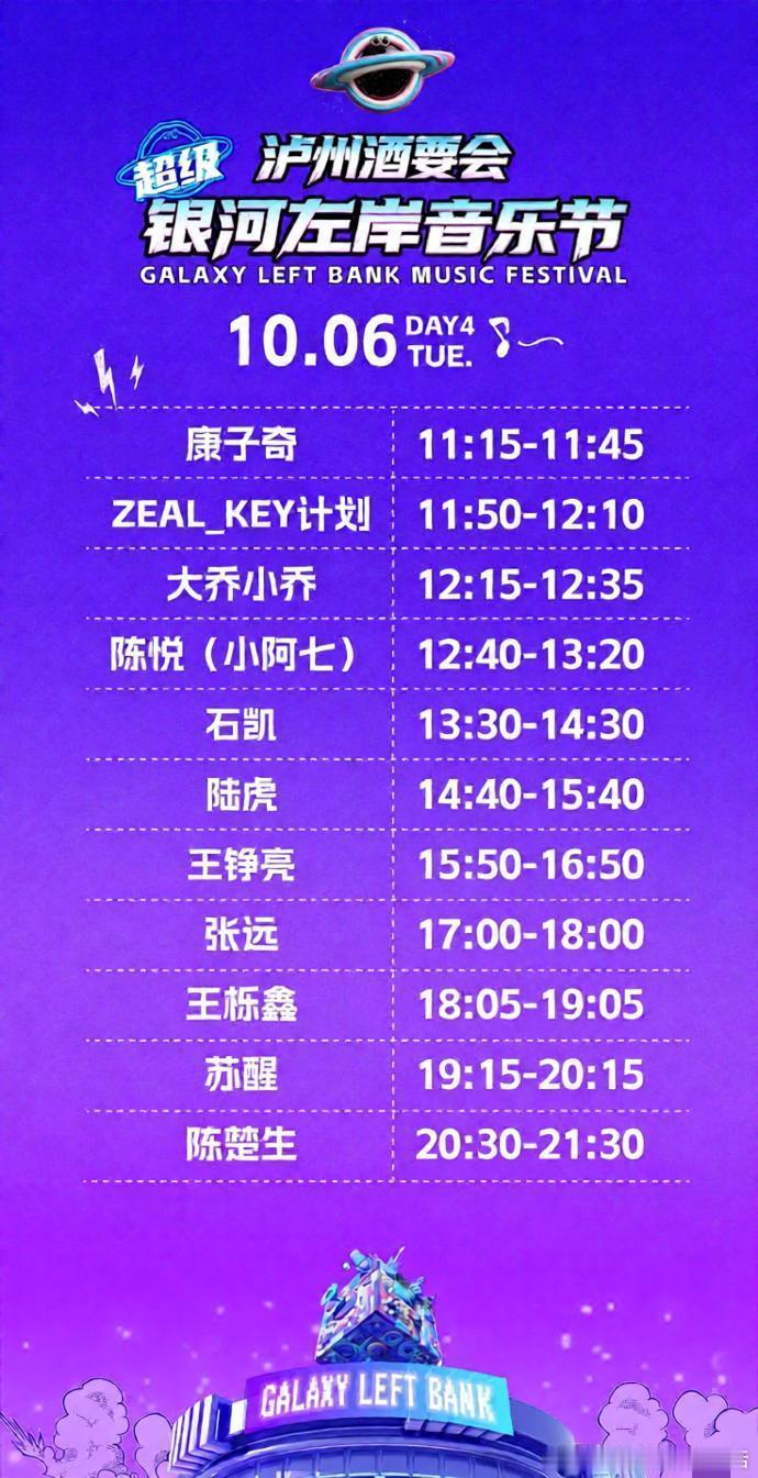 再就业男团[超话] 10月6日，泸州，银河左岸音乐节时间表[打call][打ca