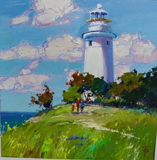 一幅海上的灯塔画作，超治愈