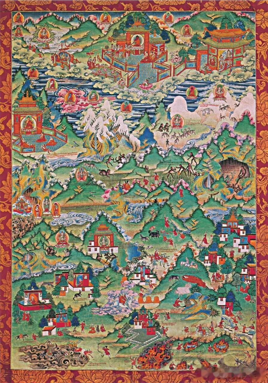 图一：清代唐卡《藏民族起源》
藏民族对人类是如何起源的解释。
藏民族有“观音点化