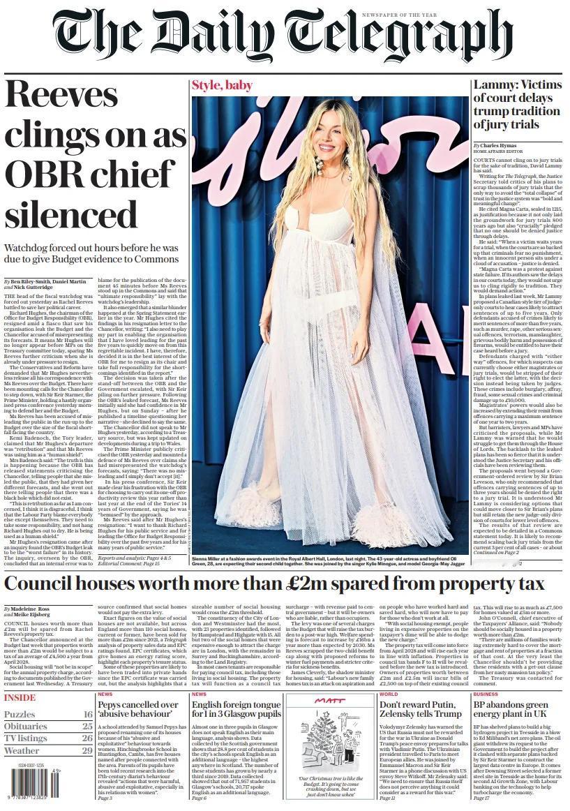 《每日电讯报》的头条是“英国财政大臣里夫斯坚持自己职务，而OBR（英国预算责任办