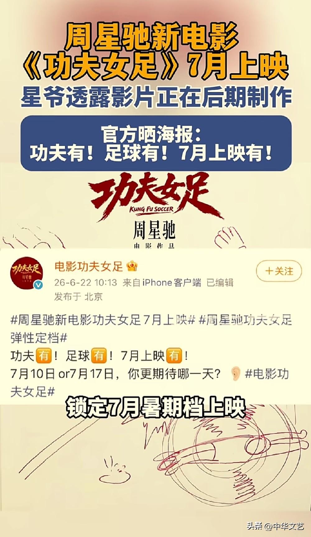 首先，今天（6月22日）祝64岁周星驰生日快乐！

其次，祝贺其导演的《功夫女足