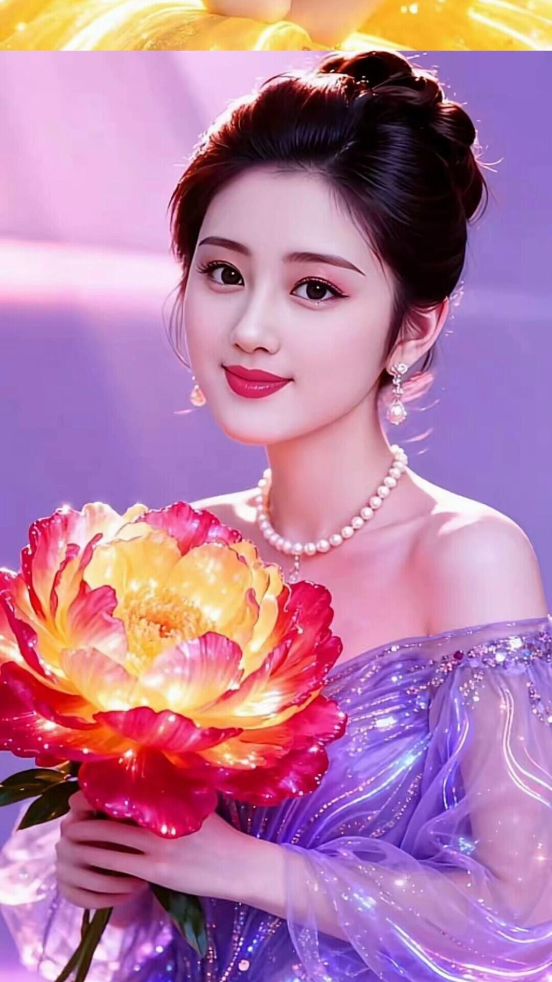 梦幻仙境中的美丽少女，手持闪耀的花朵，宛如童话中的公主。