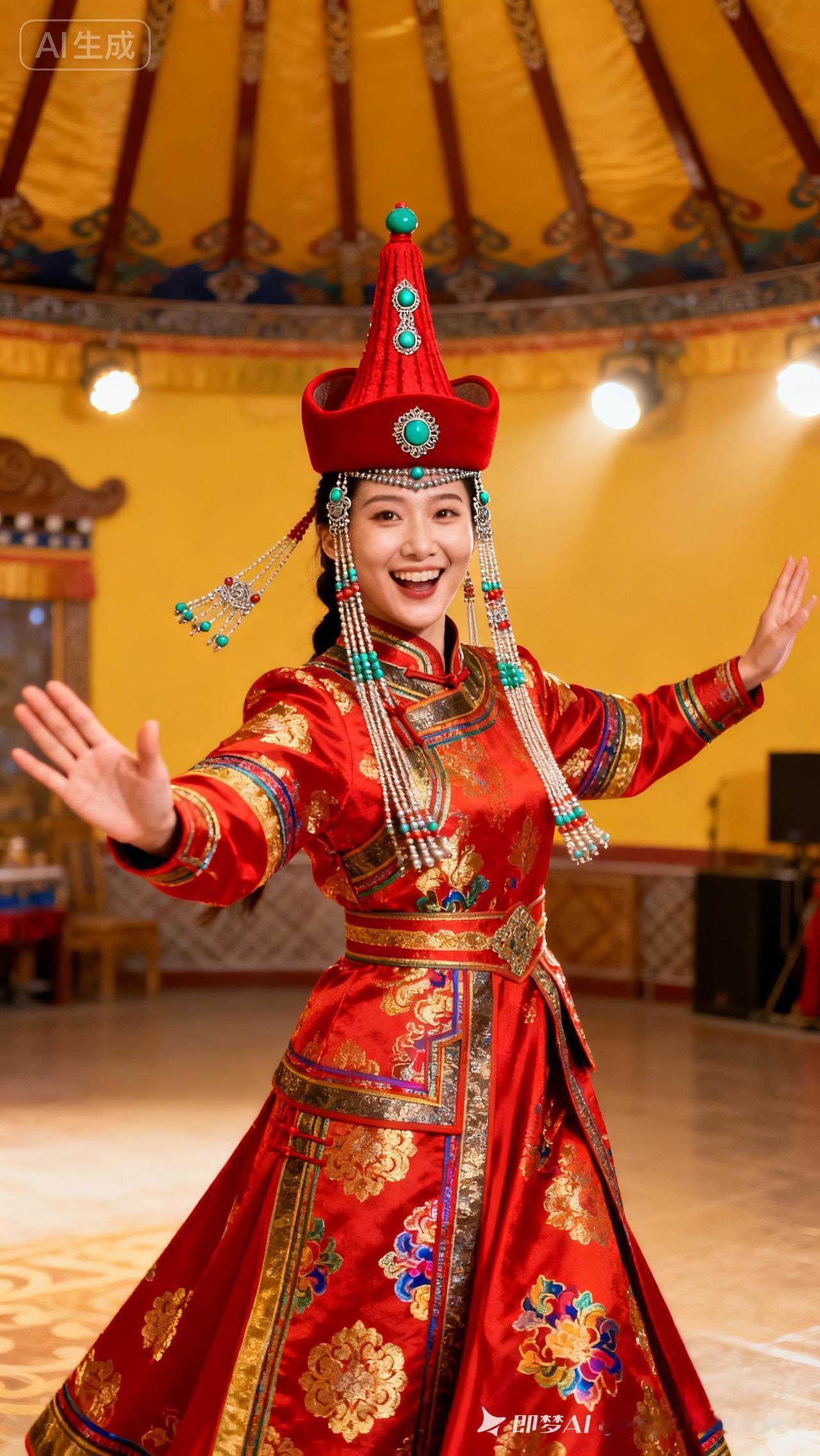 身着大红为主、饰金彩刺绣的蒙古族盛装，配红高顶帽缀绿松石、银饰与流苏。双臂舒展、