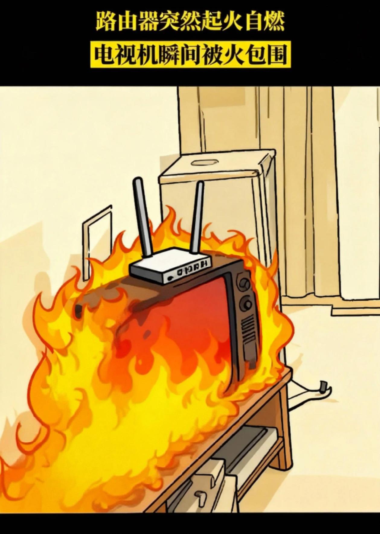 路由器突然起火自燃， 电视机瞬间被火包围。