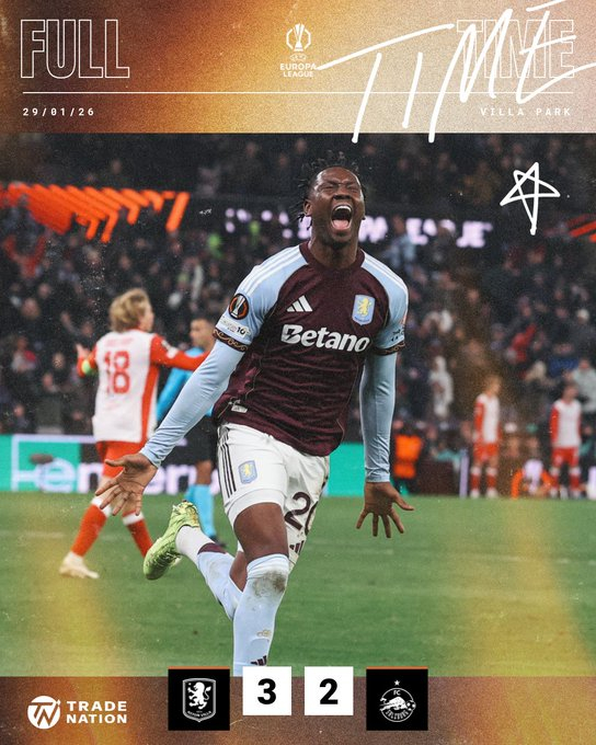 阿斯顿维拉在维拉公园3-2逆转萨尔茨堡，欧联联赛阶段8战7胜1负积21分，以第2