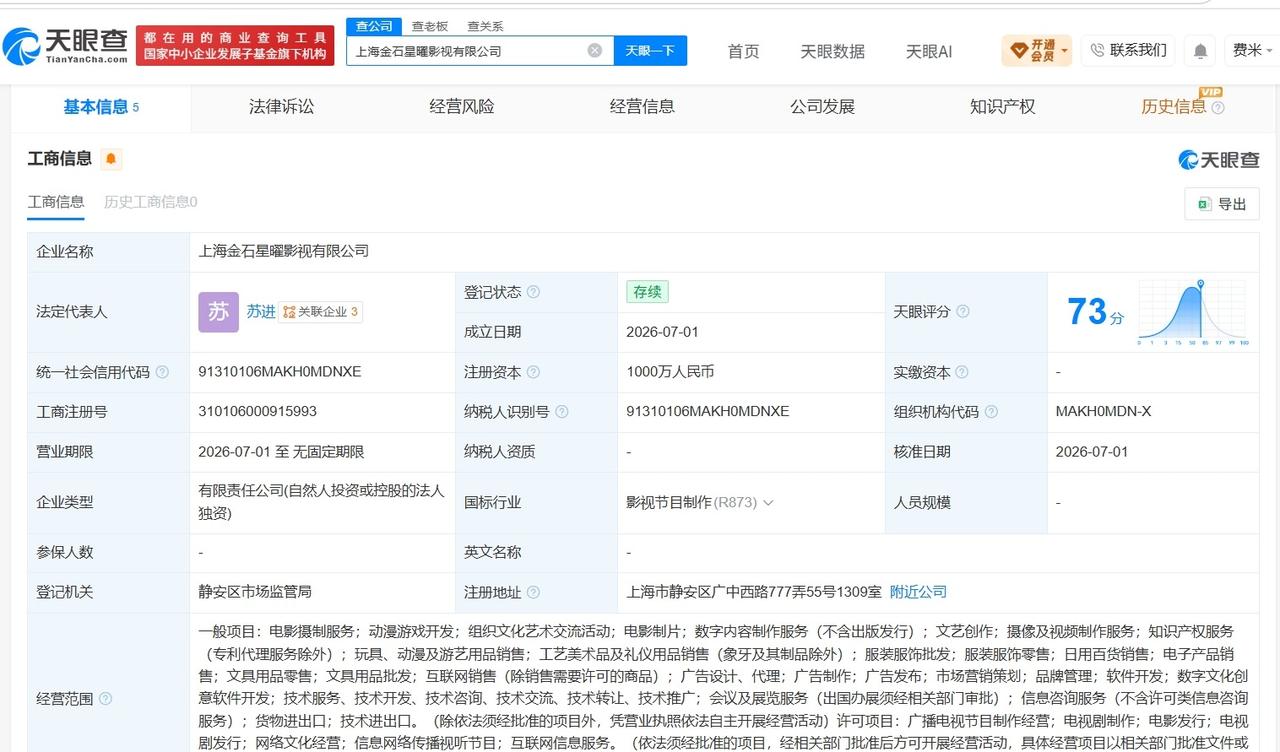 汇纳科技在上海成立影视公司 注册资本1000万
天眼查App显示，近日，上海金石