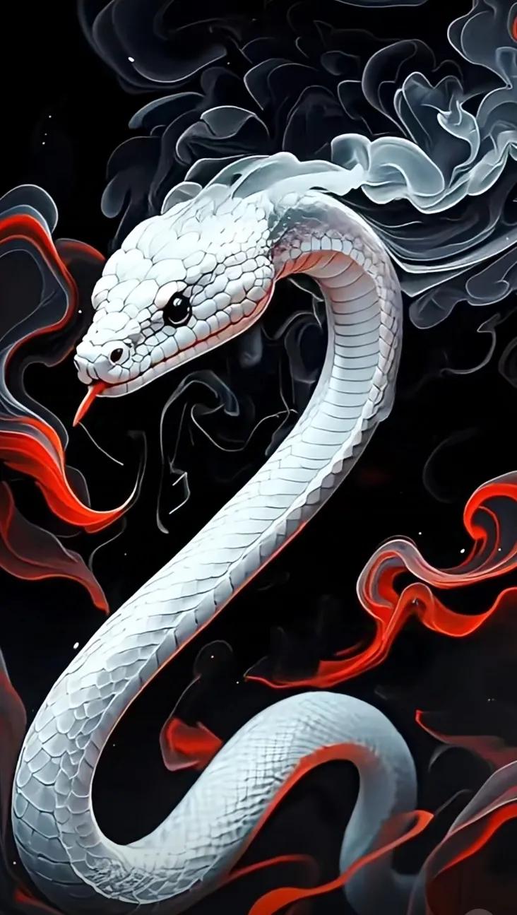 神秘的白色蛇，缠绕在炽热的烟雾中，散发着神秘的气息。🐍🔥🌫️蛇神出没 与蛇
