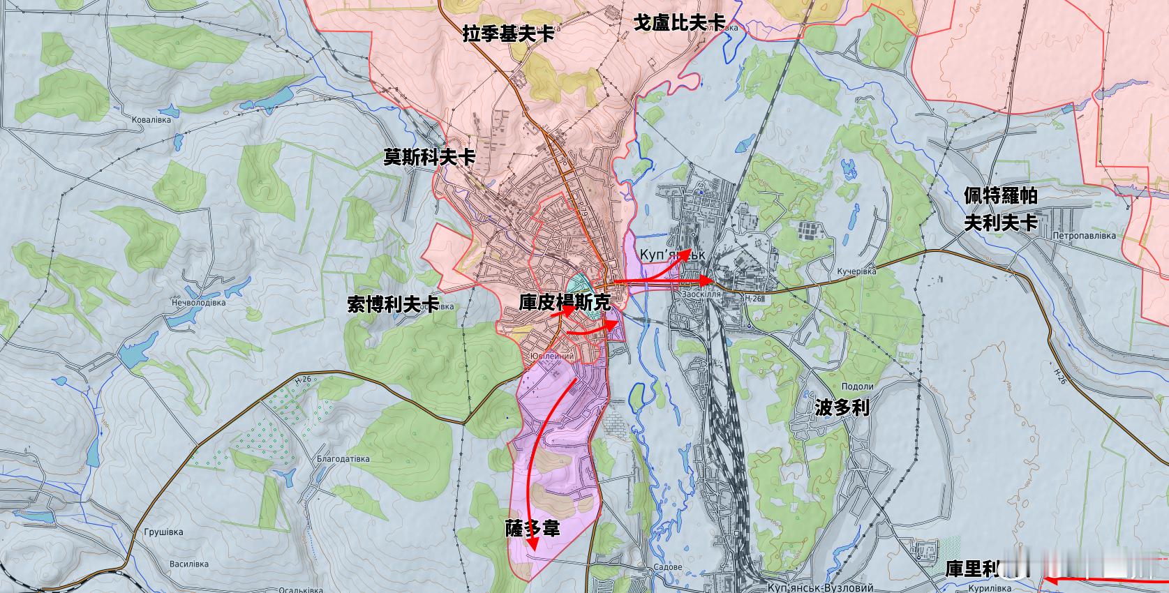 更新庫皮楊斯克城區戰鬥1. 城區最後防禦的烏軍已經被完全包圍。2. 俄軍渡河，由