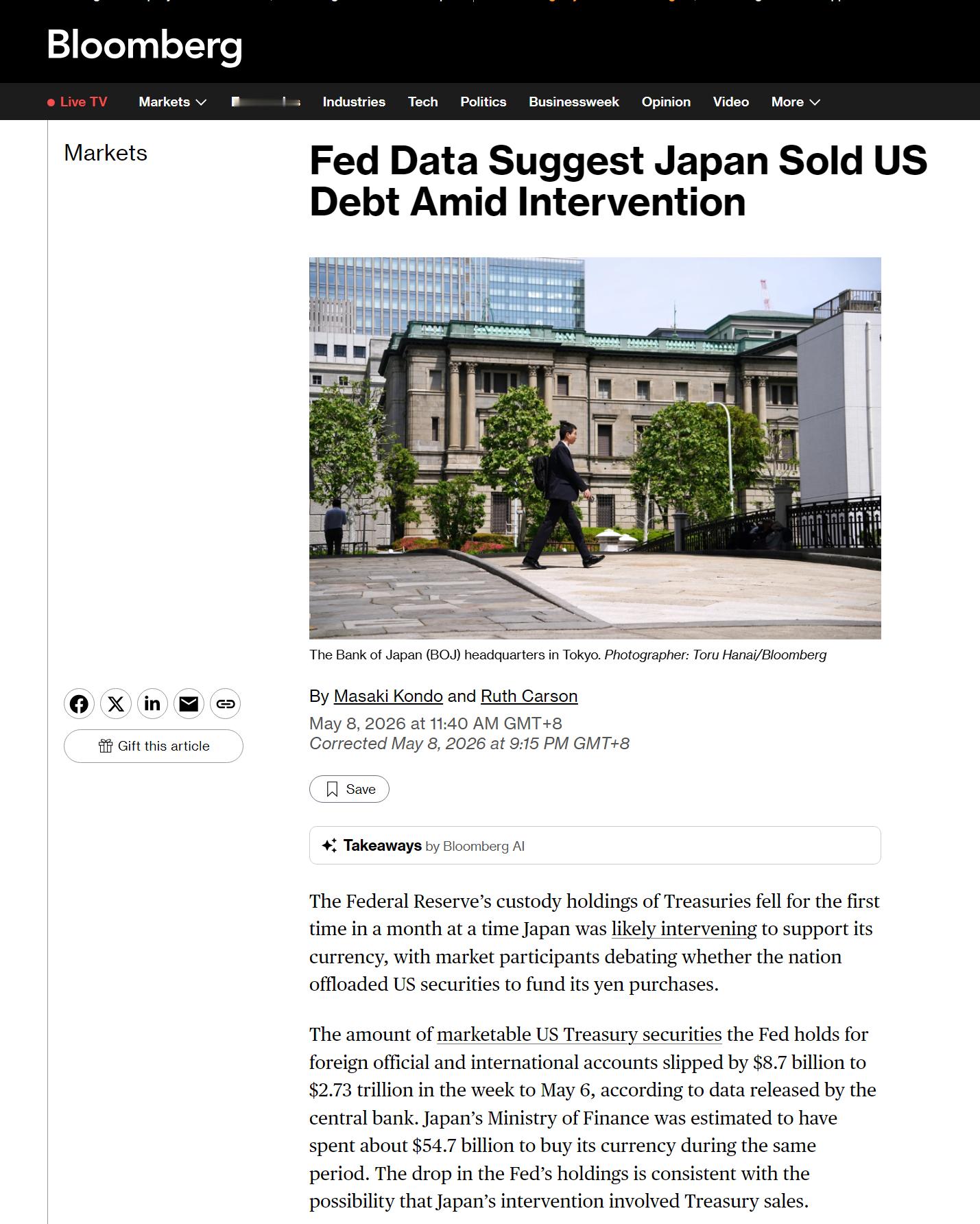 🔻彭博社暗示：日本为了干预汇市抛售美国国债。🔻美联储最新托管数据显示，截至5