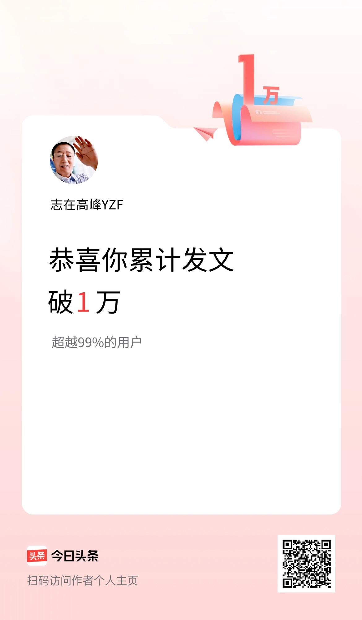 我在头条累计发布内容破1万啦！