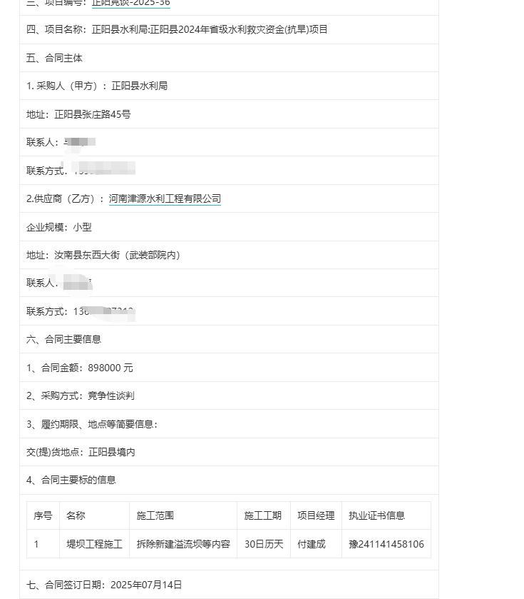 城市观察员正阳县2024年省级水利救灾资金(抗旱)项目中标公告，中标金额89.8