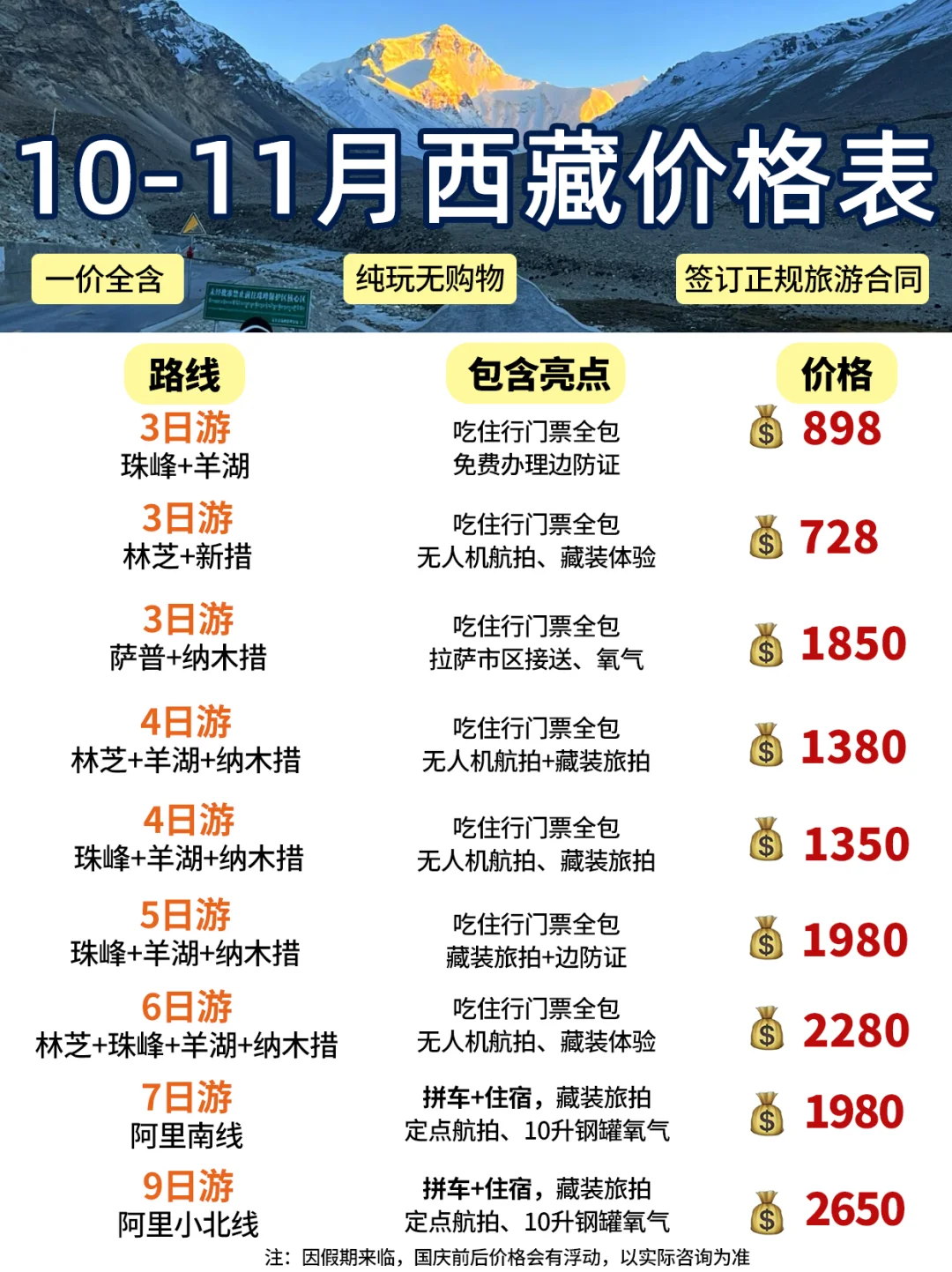 10月-11月西藏旅游跟团价格表✅纯玩全包