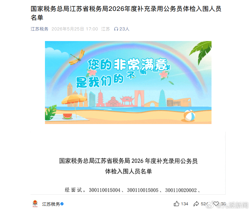 【#偷拍男生未在公务员体检入围名单#】5月25日，国家税务总局江苏省税务局发布2