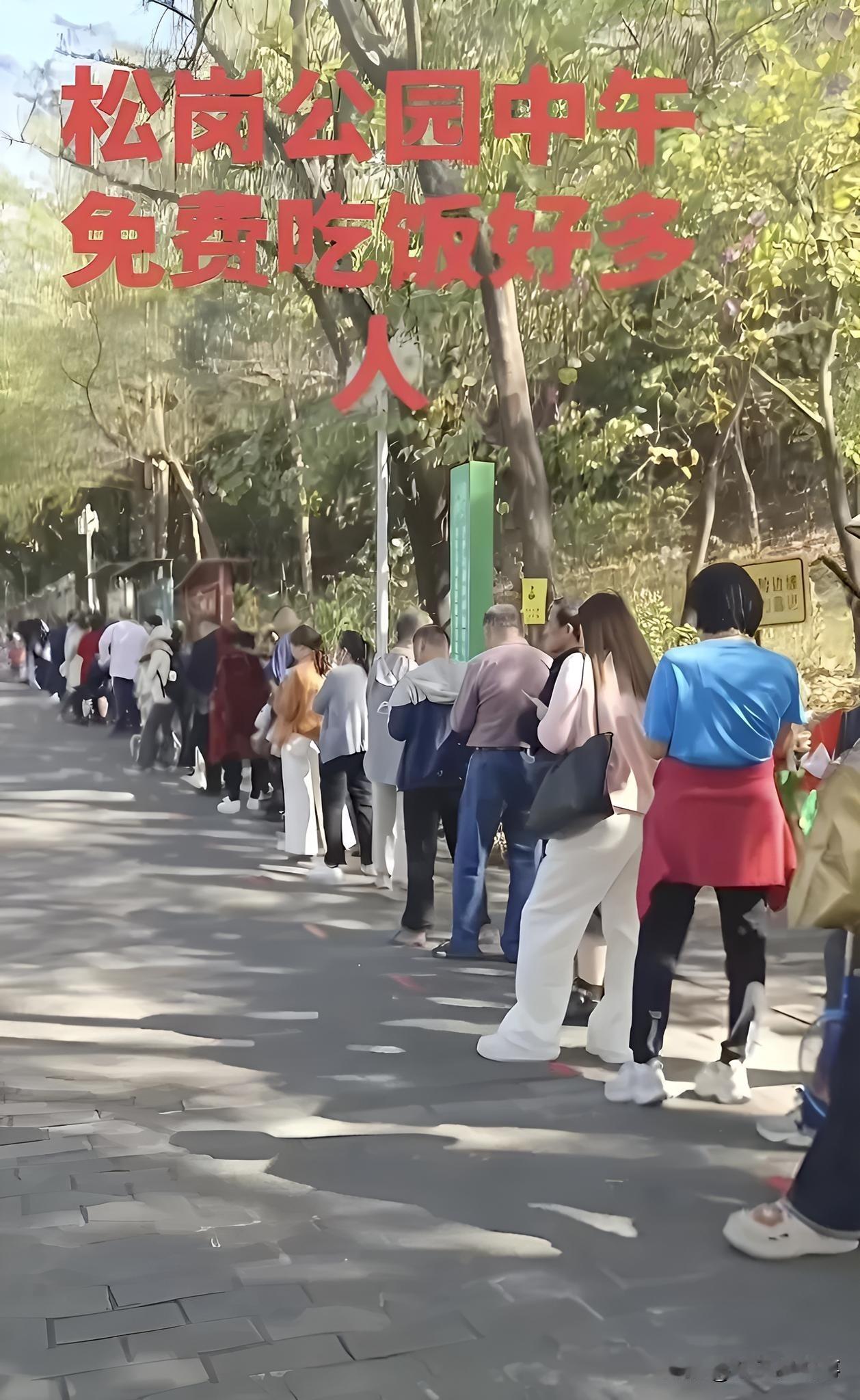 实在难以理解，这里本是敬老家园，可百米长队中却是年轻人居多，他们都只为吃一顿免费