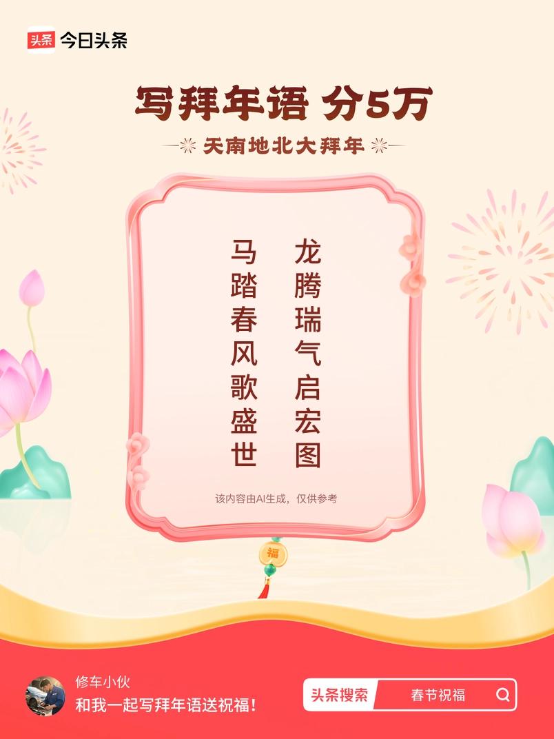 写拜年语送祝福新春拜年送祝福！我的祝福是：“马踏春风歌盛世，龙腾瑞气启宏图”！快