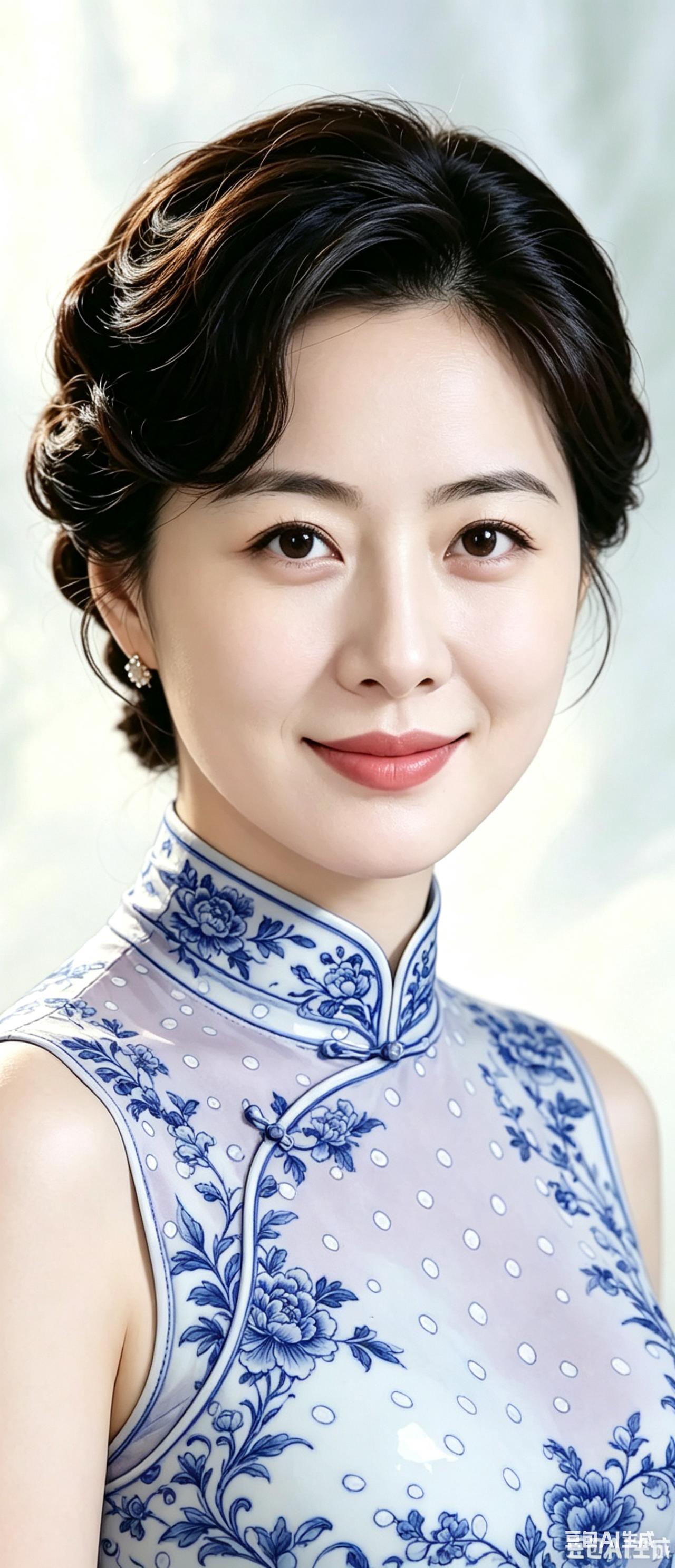 青花绘佳人八韵
素底轻勾黛色柔，瓷纹浅染玉人眸。
云鬟盘绕藏温婉，浅紫波斑衬静悠