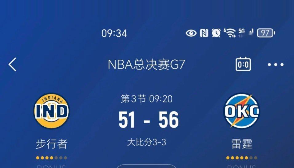 进入暂停，步行者落后5分！步行者vs雷霆nba总决赛 ​​​