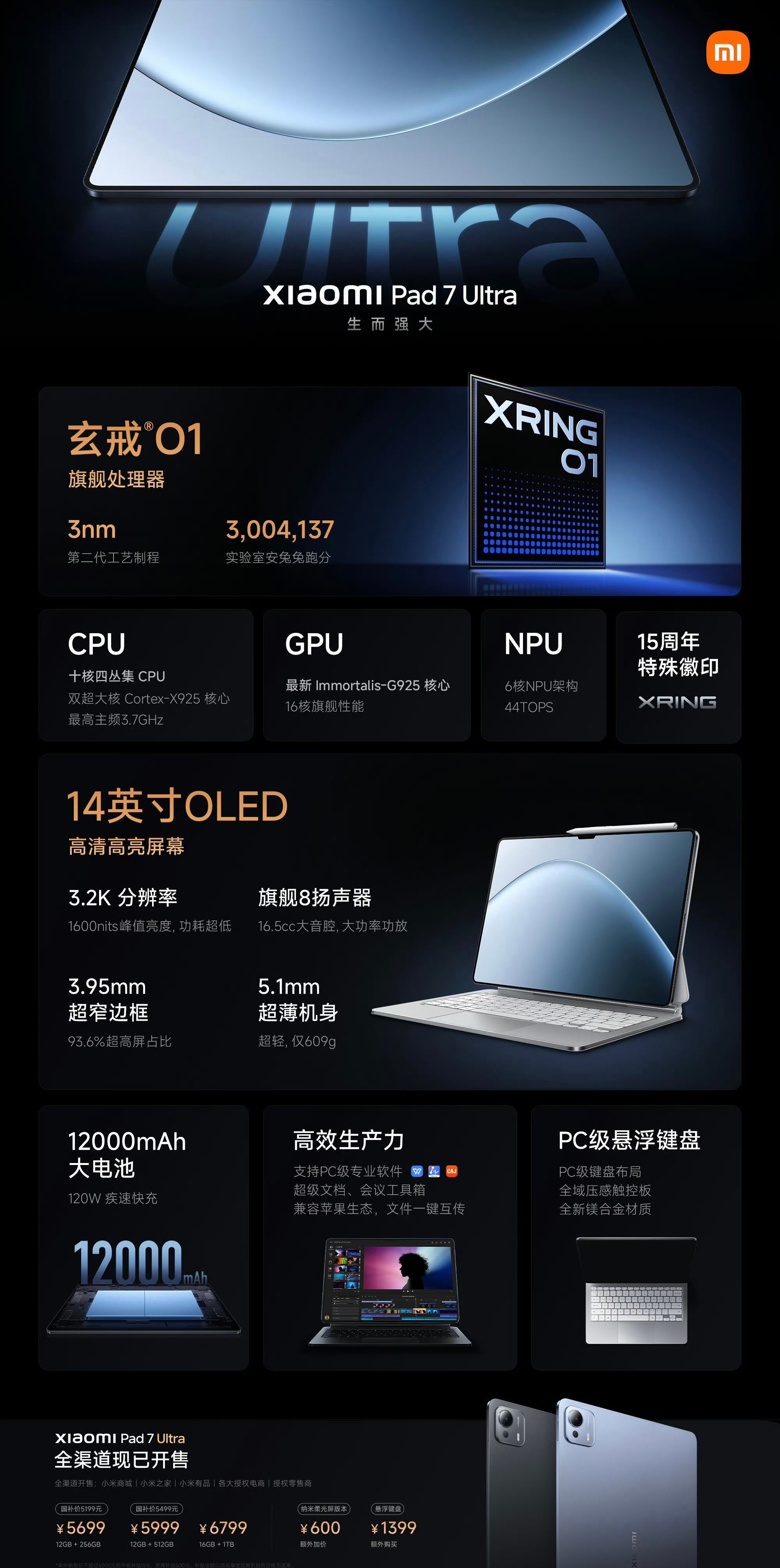 小米平板7ultra价格小米平板7 Ultra正式发布，售价5699元起重量60