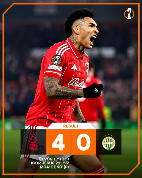 诺丁汉森林在城市球场4-0大胜费伦茨瓦罗斯，以13位积14分锁定欧联附加赛资格；