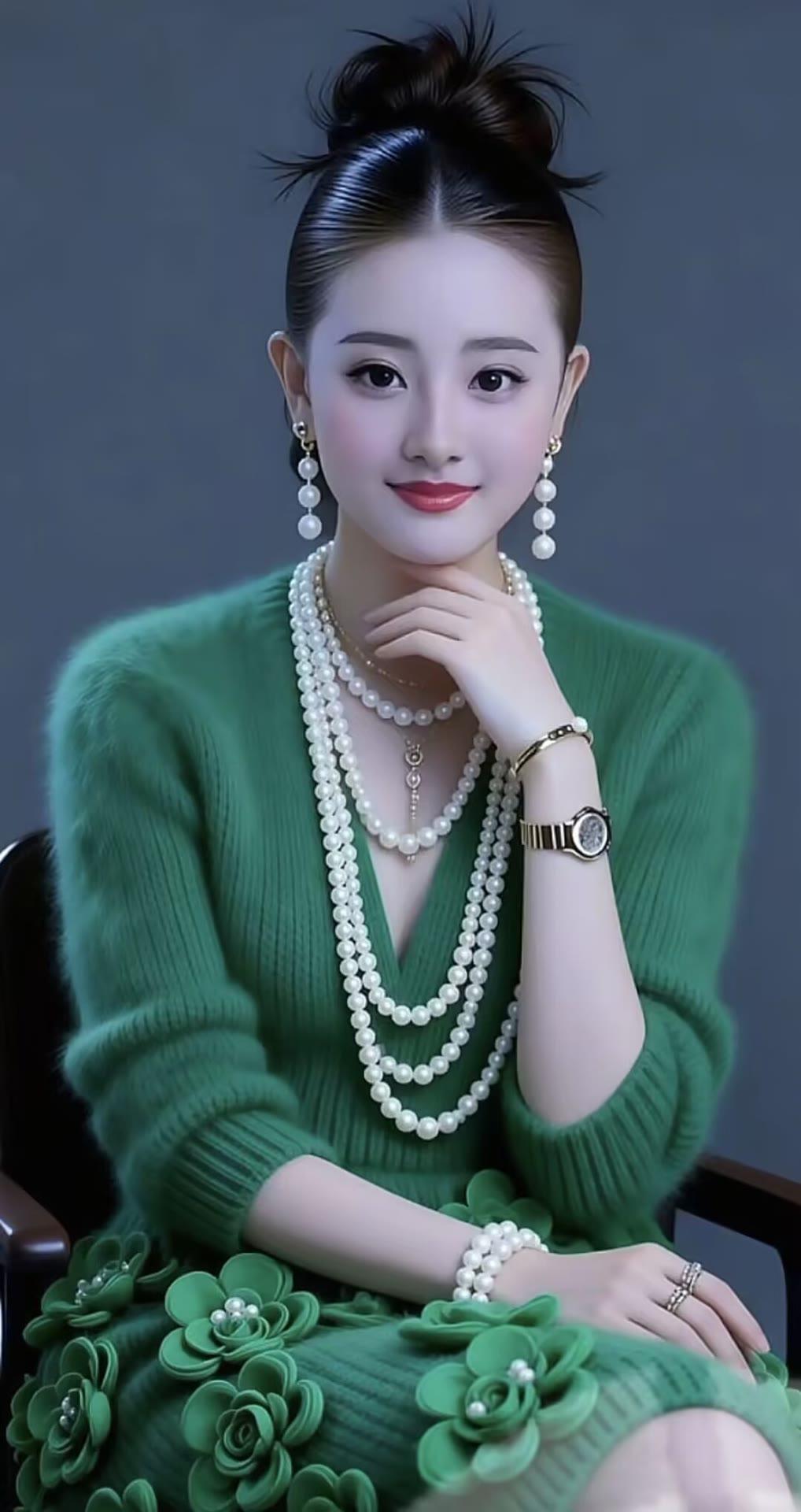 优雅绿衣美人，珍珠项链点缀，气质满分！💎✨