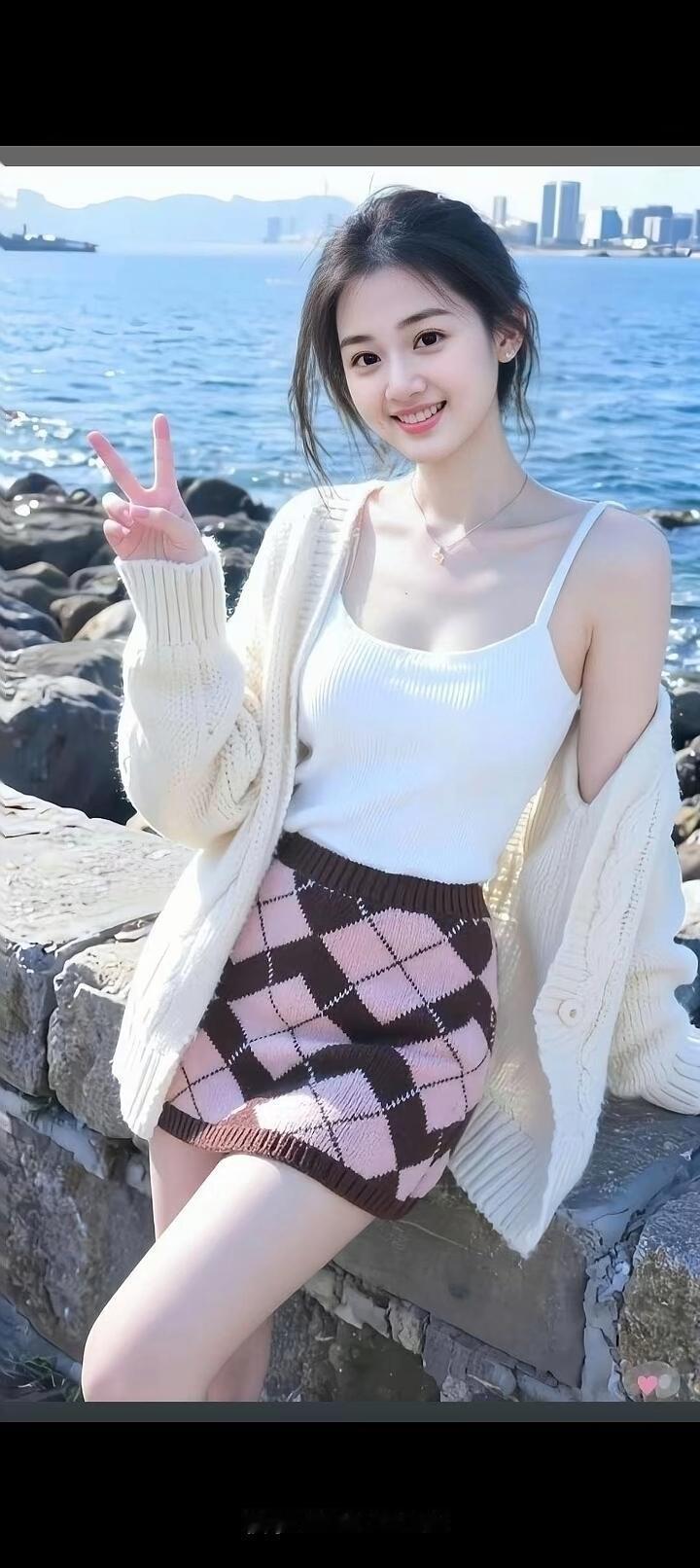 海边少女，阳光明媚，微笑比V，快乐每一天！🌞👧🏻🍎
