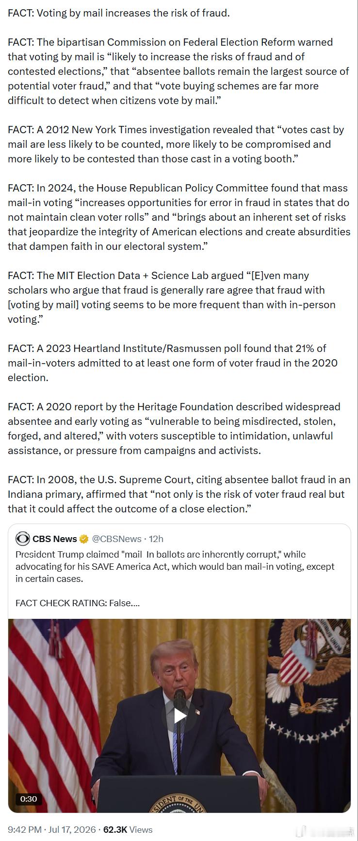事实：邮寄投票会增加选举舞弊的风险。事实： 联邦选举改革两党委员会曾警告，邮寄投