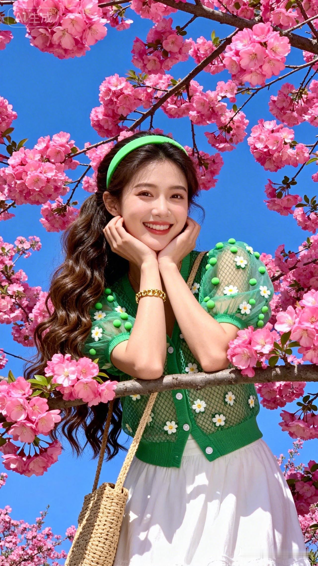 樱花树下，少女微笑，春日美好时光。