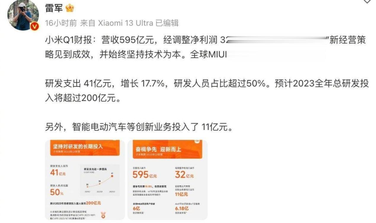 【车视头条】近日，小米集团创始人、董事长兼CEO雷军在社交媒体发布了小米Q1财报