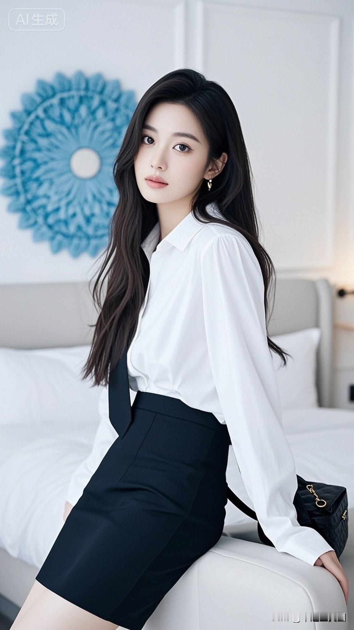 职场女强人，优雅白衬衫搭配黑色短裙，自信满满！💼💄