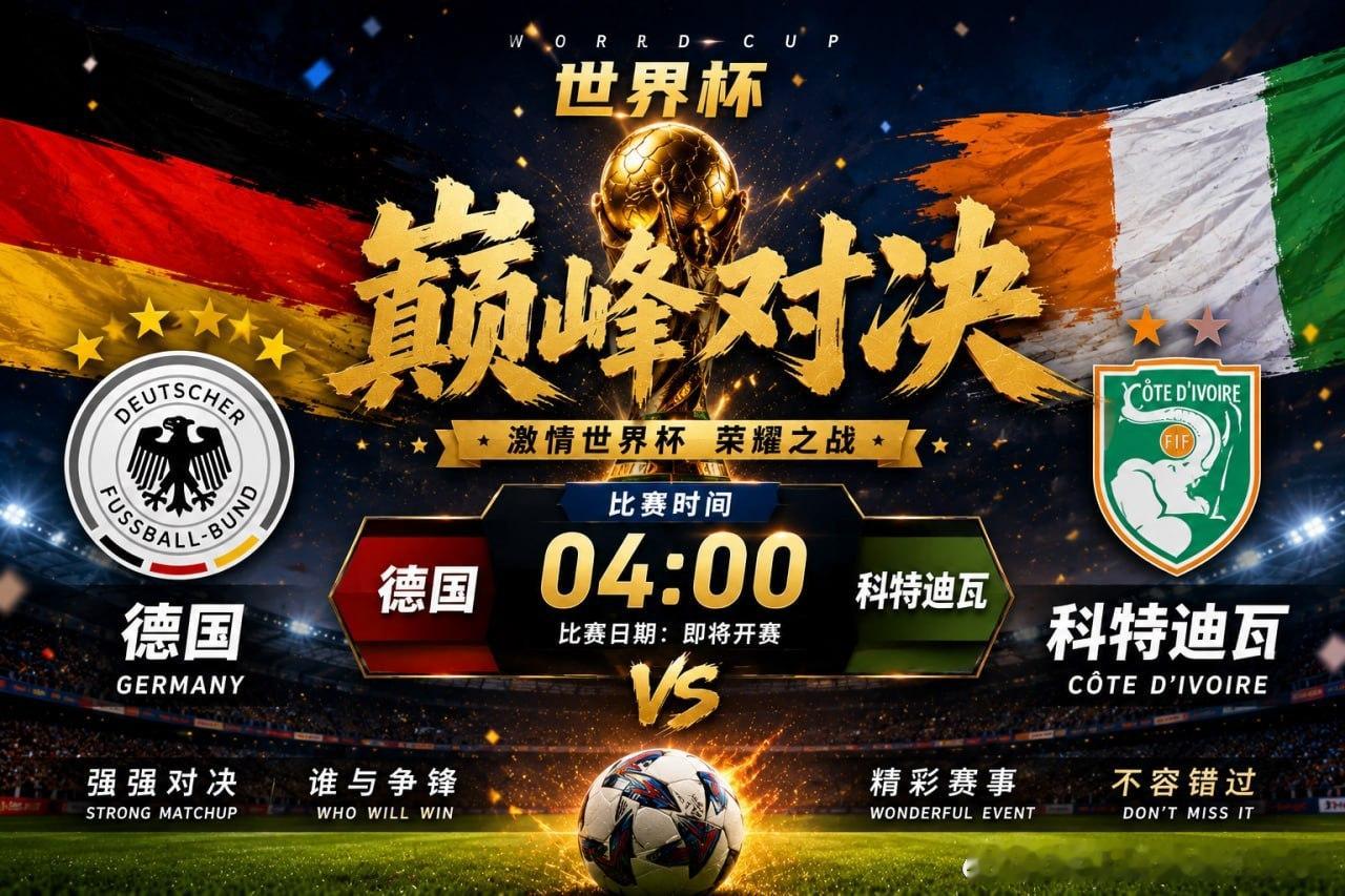 🇩🇪德国vs科特迪瓦 🇨🇮世界杯 04:00豪门出击，硬仗来袭！德国队整