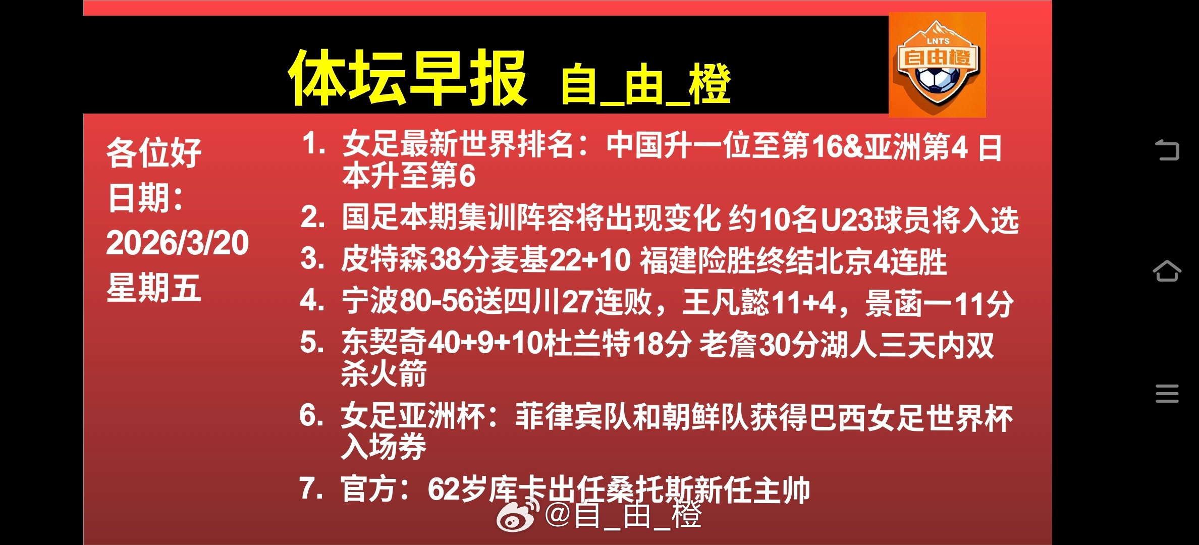 自由橙体坛早晚报体坛早报每日橙语 早晚安！ 