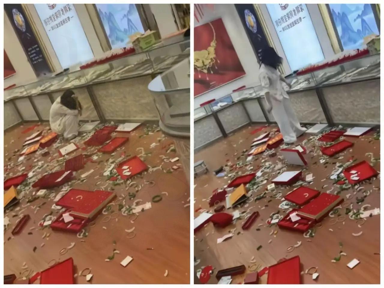 砸完玉器店后，她把自己吓哭了。从图中我们明显可以看出，这个女孩砸完玉器店之后，双